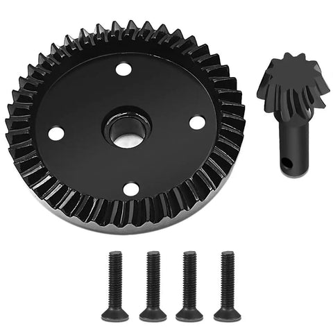 RC Gearbox Differential Gear Set 43T 10T Steel Gears For 1/8 Scale 4WD Sledge Off Road Truck Upgrade Part consisting of a large black steel gear next to a smaller pinion gear and screws, showcasing the product's CNC machined precision and durability.