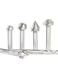Precision Tuned Six Piece CNC Lettering Router Bit Set Packing Dead Nuts Accurate 1/4 Inch Shanks for smooth cutting action.