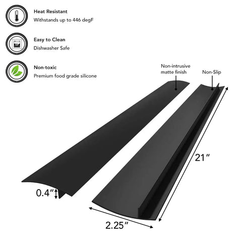 Stove Gap Cover 21 Inch Silicone Gap Filler For Between Stovetop And Counter Heat Resistant Oven Protector shown flat and angled