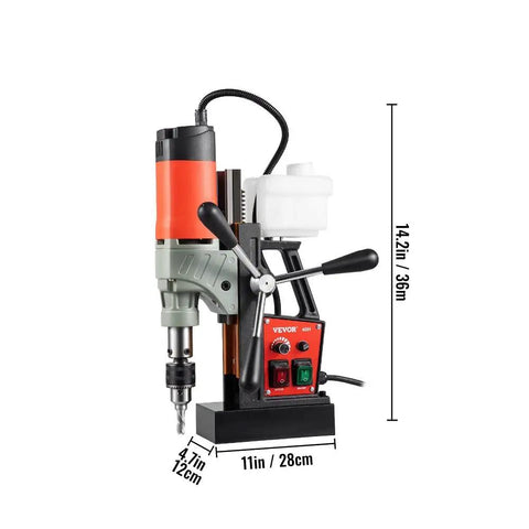 Heavy Duty Magnetic Drill Press Featuring A Heavy Hitter 1200 Watt Motor and 1.57 Inch Boring Range with large controls and guide.