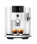 Sweet Renewed Automatic Coffee And Espresso Machine In Piano White Delivers A Killer 17 Drink Menu Programmable Brew Settings Precision Integrated Milk Frother For Daily Kitchens, showcasing two espresso shots in clear glasses.