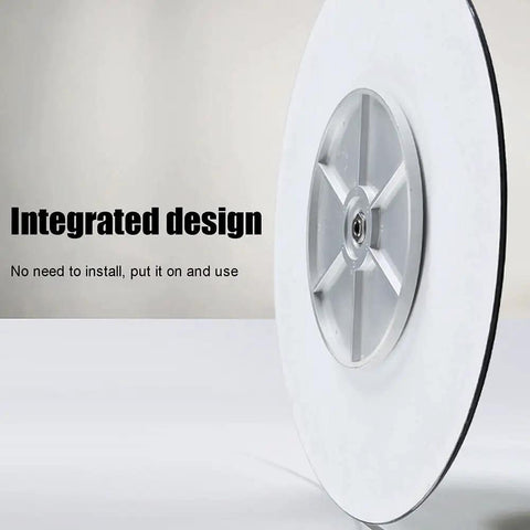 Side view of the Tempered Glass Lazy Susan Turntable For Beefy Round Tabletop with integrated design and metal center.