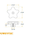 Five Pack Heavy Duty 1/4 20 Thread Five Star Thumb Screws dimensions with threaded base, 2 5/32" dia, for T Track Table Saws and Router Tables