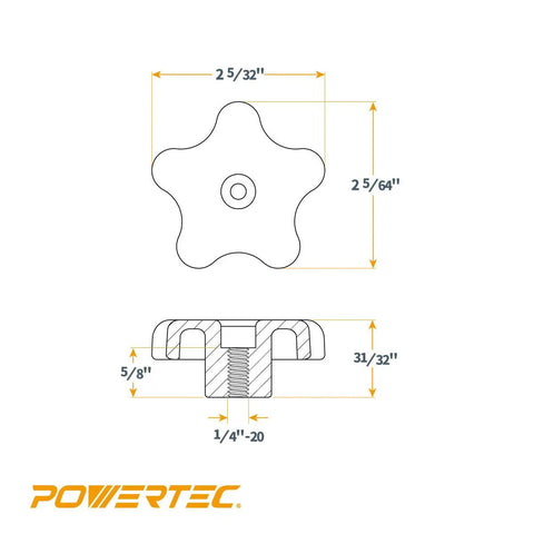 Five Pack Heavy Duty 1/4 20 Thread Five Star Thumb Screws dimensions with threaded base, 2 5/32" dia, for T Track Table Saws and Router Tables