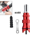 Upgrade Your Tool Kit With This Electric Rivet Adapter For Cordless Drill Turning Any Power Tool Into A Heavy Duty Alloy Steel Riveting Machine With Four Nozzles For Quick Blind Sheet Metal Settings, red alloy steel drill attachment