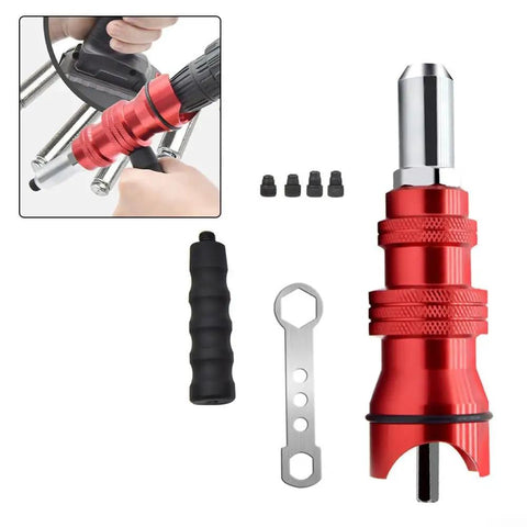 Upgrade Your Tool Kit With This Electric Rivet Adapter For Cordless Drill Turning Any Power Tool Into A Heavy Duty Alloy Steel Riveting Machine With Four Nozzles For Quick Blind Sheet Metal Settings, red alloy steel drill attachment