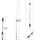 RH770 Dual Band Telescopic Handheld Ham Radio Antenna 2m 70cm VHF UHF shown extendable from 9in to 36.4in with measurements.