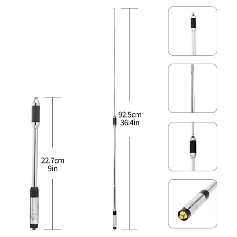 RH770 Dual Band Telescopic Handheld Ham Radio Antenna 2m 70cm VHF UHF shown extendable from 9in to 36.4in with measurements.