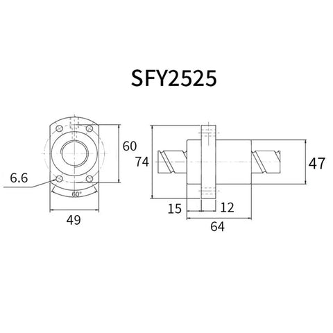 Technical drawing of Beefed Up Heavy Duty Ball Screw Flange Nut For SFY2020 2525 3232 4040, dimensions for SFY2525