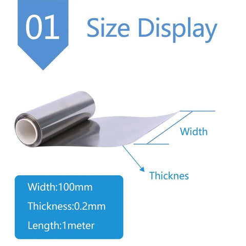 Ultra High Purity 99.9% Metal Foil Sheet, 0.2mm Thick By 100mm Long, rolled metal foil with size dimensions displayed