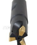 End mill, close-up view, 3/4-inch square-shoulder indexable with APKT11T3 carbide inserts, 3-flute