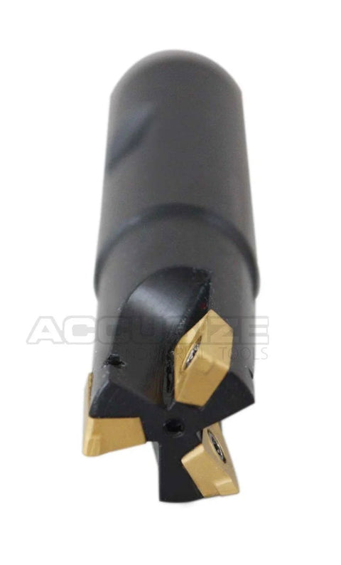 End mill, close-up view, 3/4-inch square-shoulder indexable with APKT11T3 carbide inserts, 3-flute