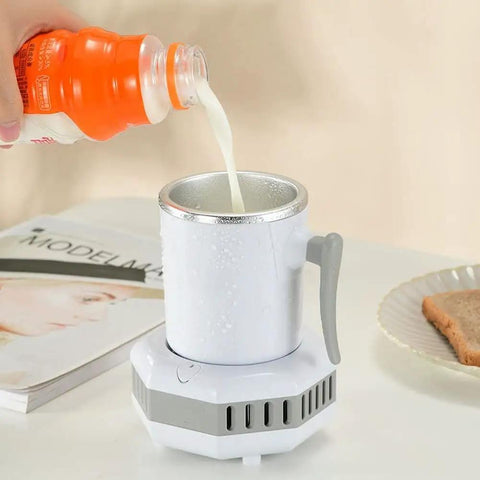 Pouring milk into Portable Electric Mini Fridge Cooler For Desk And Ride Keeps Your Beverages Frosty On The Daily With Rapid Chill Function.