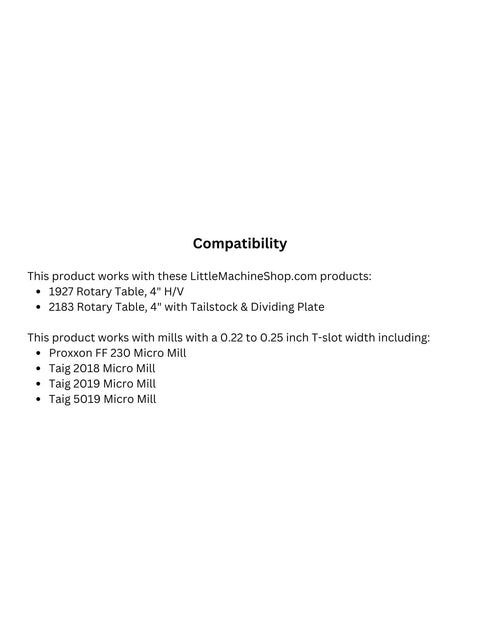 Compatibility details for Ready To Roll 16 Piece Clamping Kit designed for 6 mm T slot tables and metalworking machines.