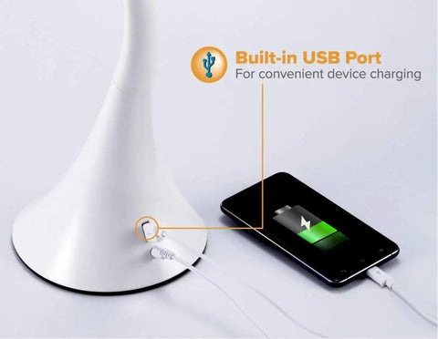 Lit LED Desk Lamp With 8W Power White Finish Three Color Temperature Modes 3000K 4000K 6500K Six Level Dimmer USB charging