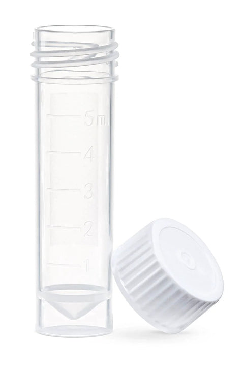 Globe Scientific 6101S clear polypropylene transport tube with 5 ml graduations and conical bottom, white cap beside.