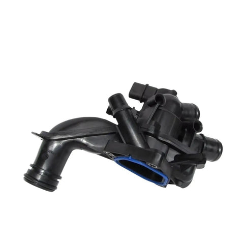 Direct Fit Coolant Thermostat Housing Assembly Replacement Fits Peugeot 2008 And 207 Engine Cooling Systems angled view showing black plastic material.
