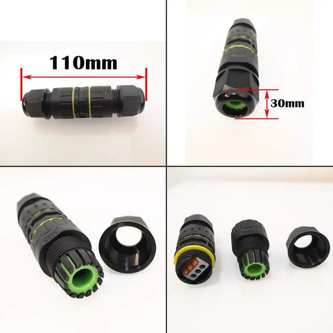 Outdoor IP68 Waterproof Junction Box 3 Way M25 Cable Connector For 6 to 11mm Wires Weatherproof Power Cord Extension Splice External Sleeve Coupler Heavy Duty Electrical Box 2 Pack, showing dimensions and internal view