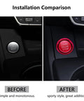 Installation comparison of Audi Slick Red Engine Start Button Cover Stickers for A4 A5 A6 A7 Q5 models, showcasing before and after.