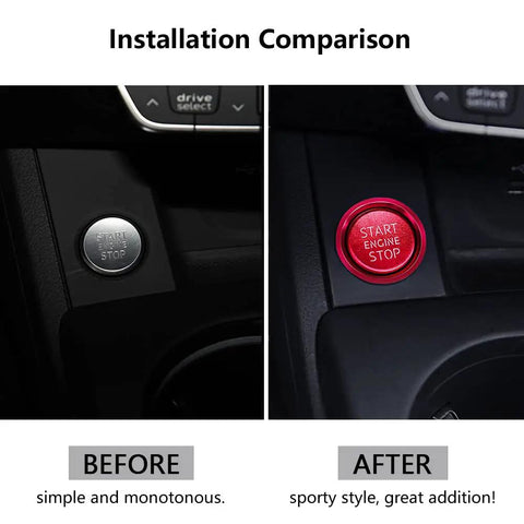 Installation comparison of Audi Slick Red Engine Start Button Cover Stickers for A4 A5 A6 A7 Q5 models, showcasing before and after.