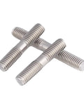 Three stainless steel double-ended threaded studs (UNC 3/8-16, 55mm) front view
