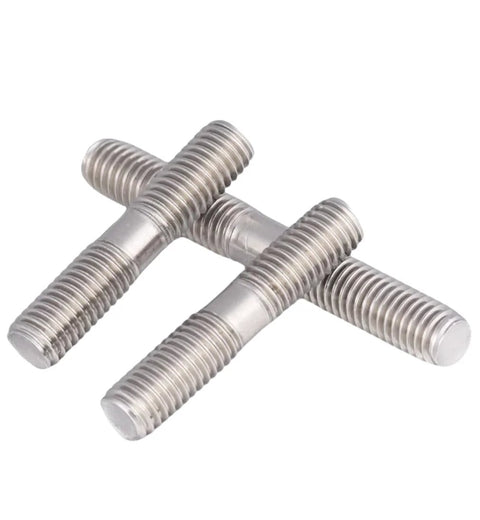 Three stainless steel double-ended threaded studs (UNC 3/8-16, 55mm) front view