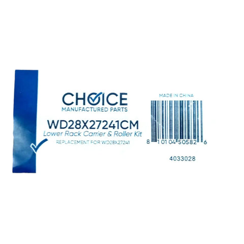 Label showing WD28X27241CM Lower Rack Carrier & Roller Kit for Premium Smooth Ride Dishwasher Rack Carrier And Roller Replacement Kit.