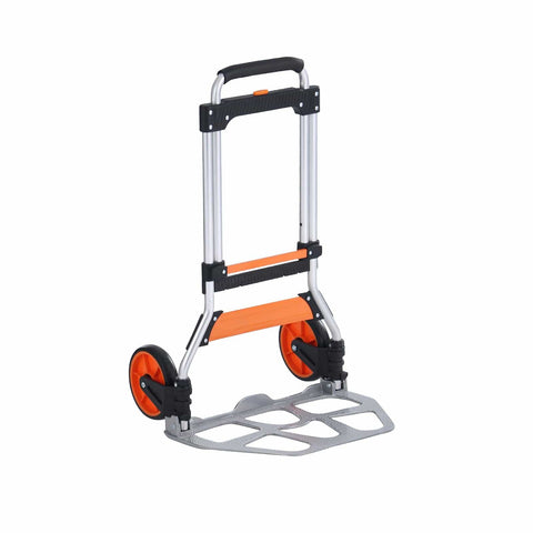 Folding Hand Truck And Dolly For Easy Haul, 275 Lb Capacity Aluminum Cart With Telescoping Handle, shown folded and upright.