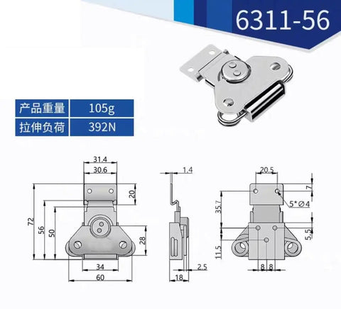 Heavy Duty Toggle Catch Latch With Duckbill Hasp Lock, 60X72Mm Steel Clamp dimensions and details for cabinets and tool boxes.