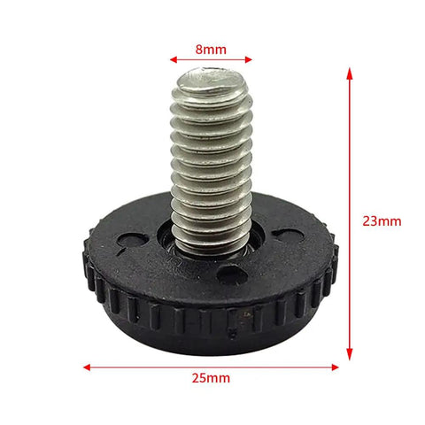 Rock Solid 12 Pack Adjustable Furniture Leveling Feet With 5/16-18 Inch Threads heavy duty screw in leg with black rubber base and steel shaft.