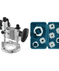 Heavy Duty Plunge Base For Palm Routers With A Slick Micro Fine Depth Control And An Eight Piece Template Guide Set shown side by side.
