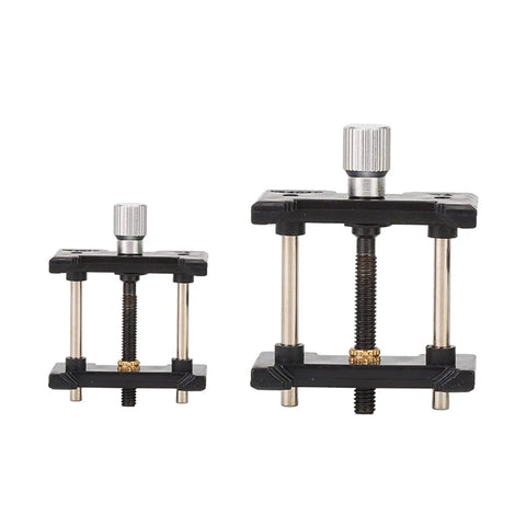Two Piece Watch Movement Holder Kit with Non Slip Fixed Base, dual sizes 37x37mm and 26x26mm, for luxury timepiece servicing.
