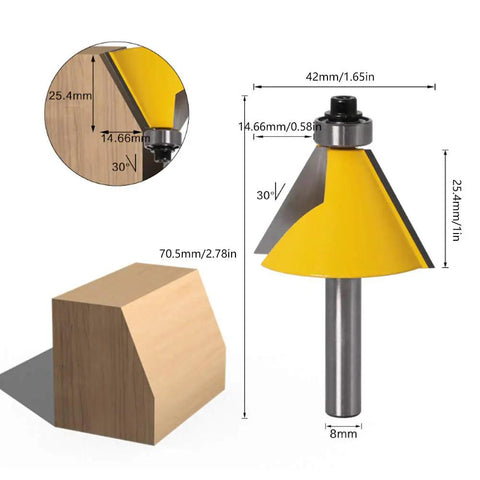 Ultra Smooth 8mm Shank Chamfer Router Bit YG6 Alloy Cutterhead, 30 degree angle, for trimming wood edges, dimensions shown.