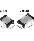 MGN12 Linear Guide Rail Kit For 3D Printers Pro Grade Aluminum Rail With Black Carriage Lengths From 100mm To 700mm Ultra Smooth Motion Durable Easy Install Linear Guide System, showing MGN12C and MGN12H carriages with dimensions.