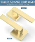 Keyless passage door lever front and back in gold satin brass finish, non-locking modern design, part of six pack passage door knobs and interior door levers in gold satin brass finish keyless closet door handles heavy duty modern door hardware for hallways and rooms durable satin brass style.