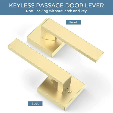Keyless passage door lever front and back in gold satin brass finish, non-locking modern design, part of six pack passage door knobs and interior door levers in gold satin brass finish keyless closet door handles heavy duty modern door hardware for hallways and rooms durable satin brass style.