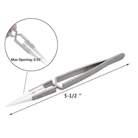 Precision Ceramic Tweezers Set With Pointed And Curved Tips Non Conductive And Heat Resistant Anti Magnetic Reverse Self Closing Design For Pinching Coils On RDA And RTA Builds, shown with dimensions and max opening size.