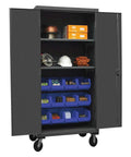 Full Size Rolling Parts Cabinet With 12 Blue Hook On Trays And 36 Inch Mobile Storage Cart And Swivel Caster Workshop Organizer fully stocked with tools and supplies.