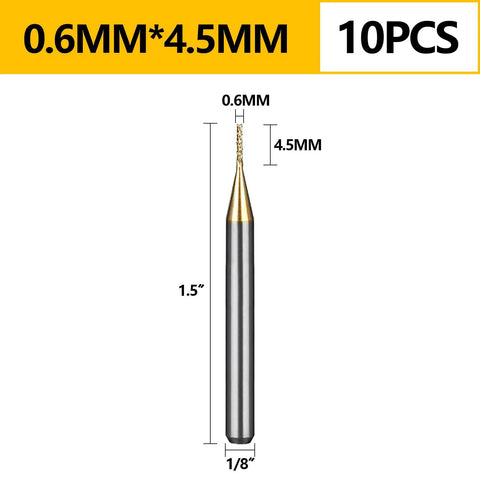 Pro Grade 10Pcs 0.6mm TiN Coated Solid Carbide End Mills For PCB Engraving And CNC Router Bits, One Eighth Inch Shank