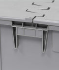 Close-up of latch on Industrial Plastic Storage Tote With Hinged Attached Lid 2 Pack Built Tough Heavy Duty Stackable Totes.