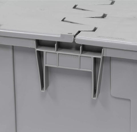 Close-up of latch on Industrial Plastic Storage Tote With Hinged Attached Lid 2 Pack Built Tough Heavy Duty Stackable Totes.