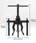 Three Jaw Bearing Puller Tool Kit For Pilot And Blind Bearings showing tool dimensions and three-jaw design in black CR-V steel.