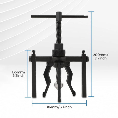 Three Jaw Bearing Puller Tool Kit For Pilot And Blind Bearings showing tool dimensions and three-jaw design in black CR-V steel.