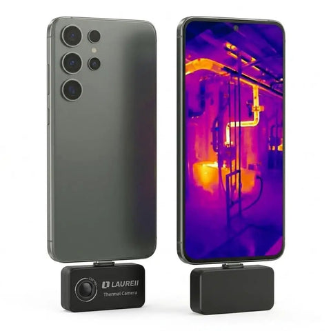 Grab And Go Portable Android Type C Thermal Camera 128 By 96 IR Resolution With Plug And Play Home Inspection Ready For HVAC Auto And Pet Detection Clear Thermal Imaging And Real Time Temperature Readouts, aluminum USB-C module on phone