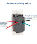 Back view of IllumaTech Dimmer Switch showing wiring and labels, designed for easy install without neutral wire.