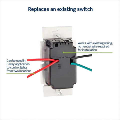 Back view of IllumaTech Dimmer Switch showing wiring and labels, designed for easy install without neutral wire.