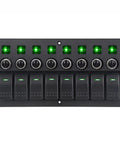 8 Gang Switch Panel 12V 24V Waterproof On Off Rocker LED Panel Switch With Breakers For Boat Marine Car Blue Light Durable Marine Grade Electrical Control And Easy Wiring Built For Real Tough Weatherproof Use, showing panel with green LEDs