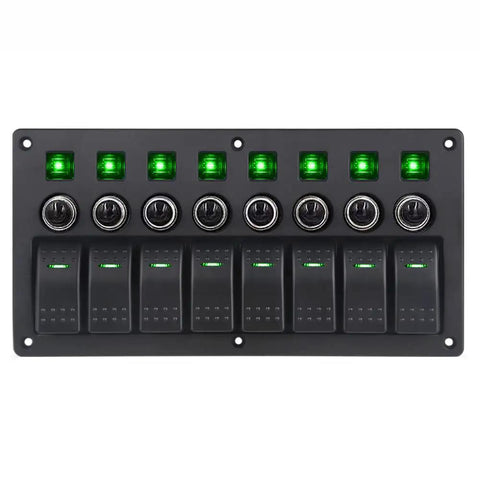 8 Gang Switch Panel 12V 24V Waterproof On Off Rocker LED Panel Switch With Breakers For Boat Marine Car Blue Light Durable Marine Grade Electrical Control And Easy Wiring Built For Real Tough Weatherproof Use, showing panel with green LEDs
