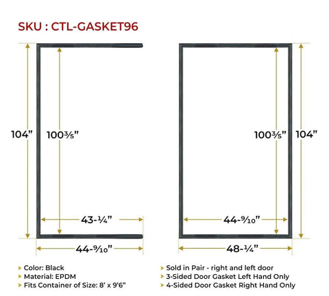 Mytee Products shipping container door gasket set, 2-piece black EPDM seals for left 3-sided and right 4-sided doors.