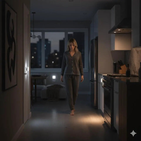 Woman walking in a dimly lit kitchen at night with Plug In LED Night Light With Auto Dusk To Dawn Sensor adjustable brightness.